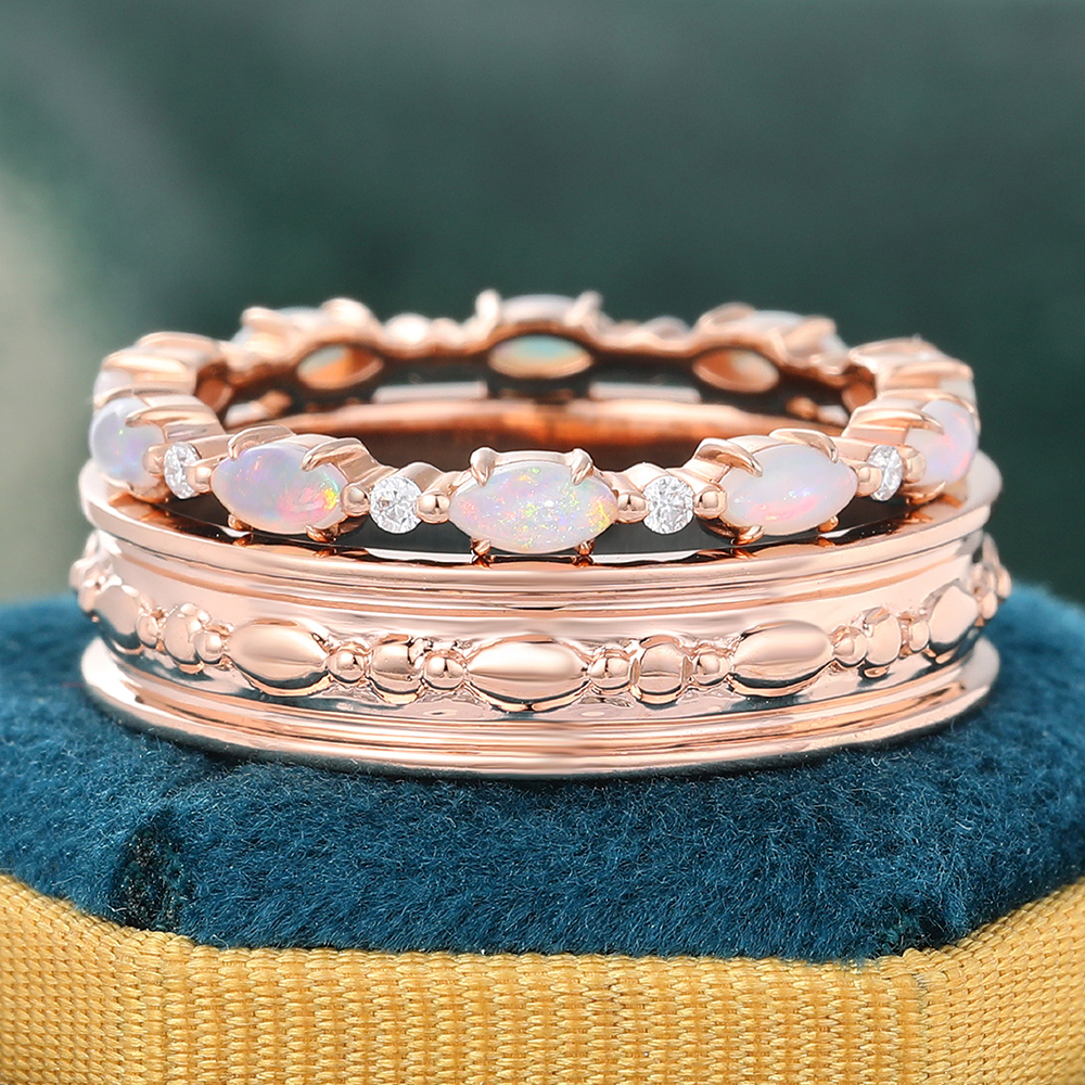 Rose Gold Wide Wedding Band & Opal and Diamond Alternating Stacking Ring - 2pcs