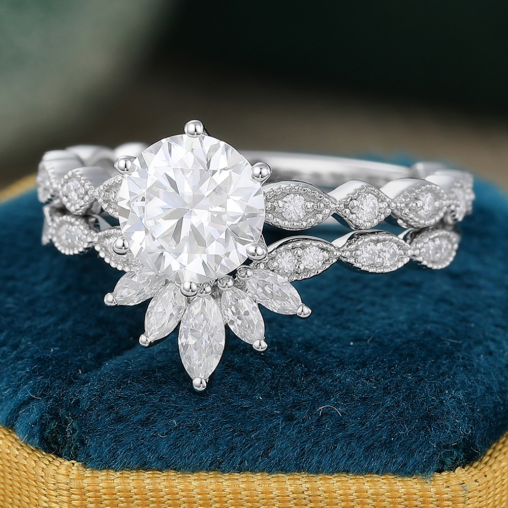 Juyoyo 1ct Moissanite White gold Milgrain Engagement Ring Set