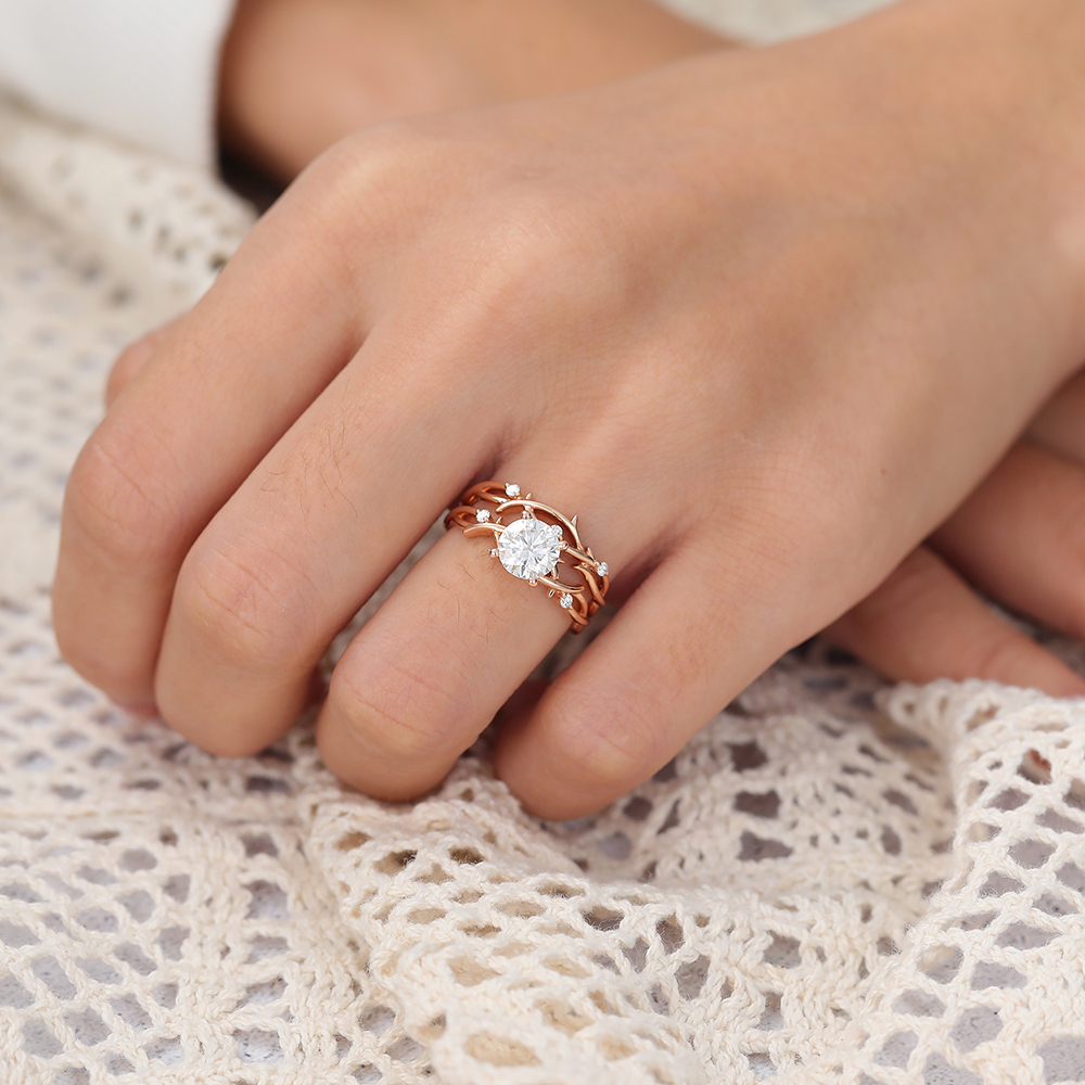 Juyoyo Round Cut Moissanite Engagement Ring Set Nature Inspired Ring Set in 14K Rose Gold - 2pcs