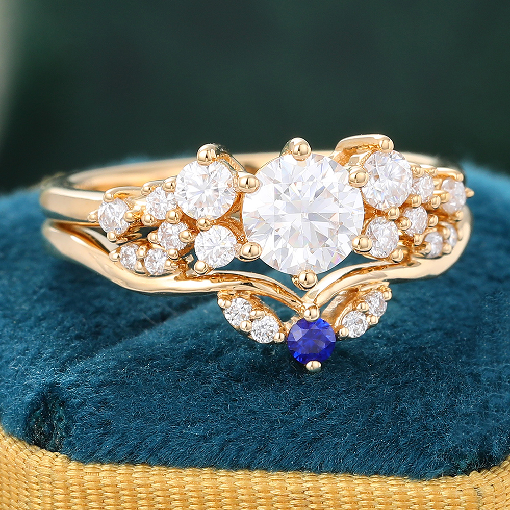 Juyoyo Vintage Moissanite Bridal Ring Set 14K Yellow Gold Sapphire Engagement Ring Set - 2pcs