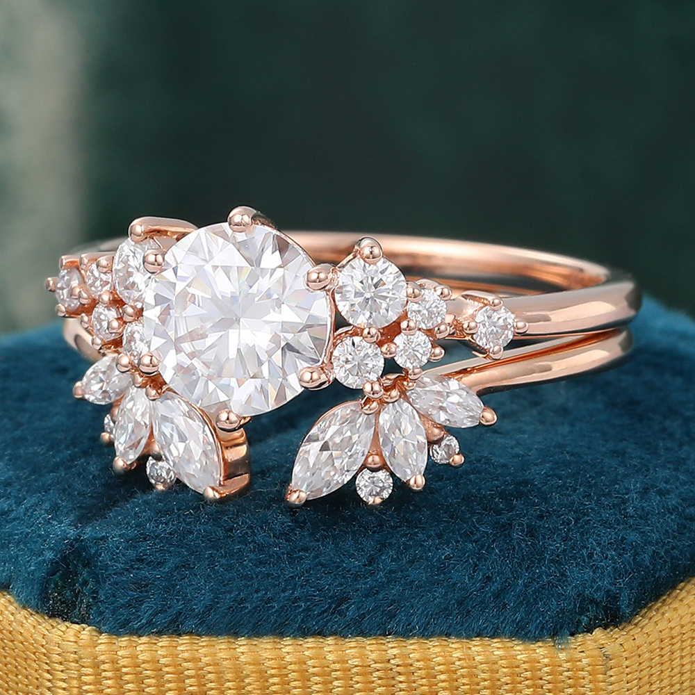 Juyoyo Moissanite Engagement and Wedding Ring Set for Women 14K Rose Gold Bridal Ring Set - 2pcs