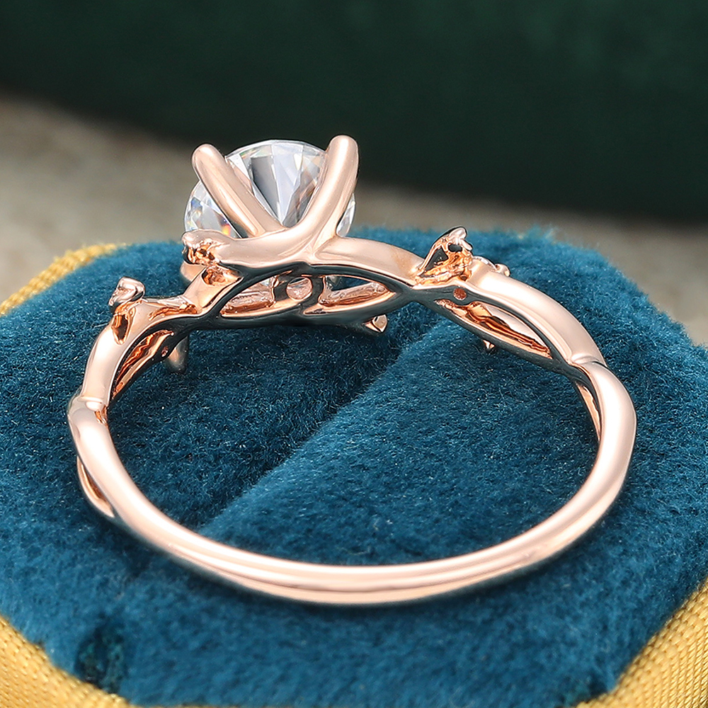 Juyoyo Round Cut Moissanite Three Stone Engagement Ring Vine Leaf Rose Gold Nature Inspired Ring