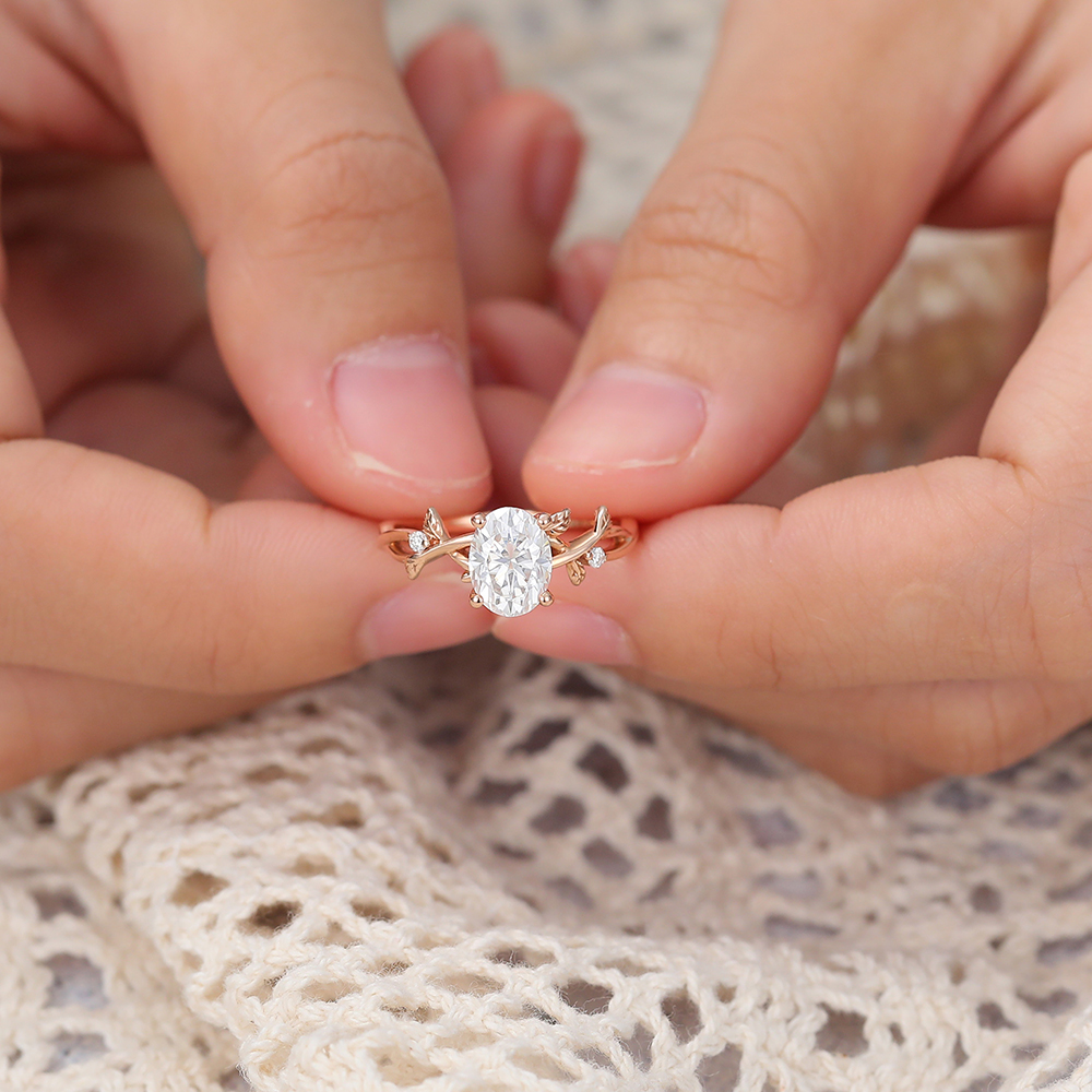 Juyoyo Oval Cut Three Stone Moissanite Engagement Ring Vine Nature Inspired Ring 14K Rose Gold