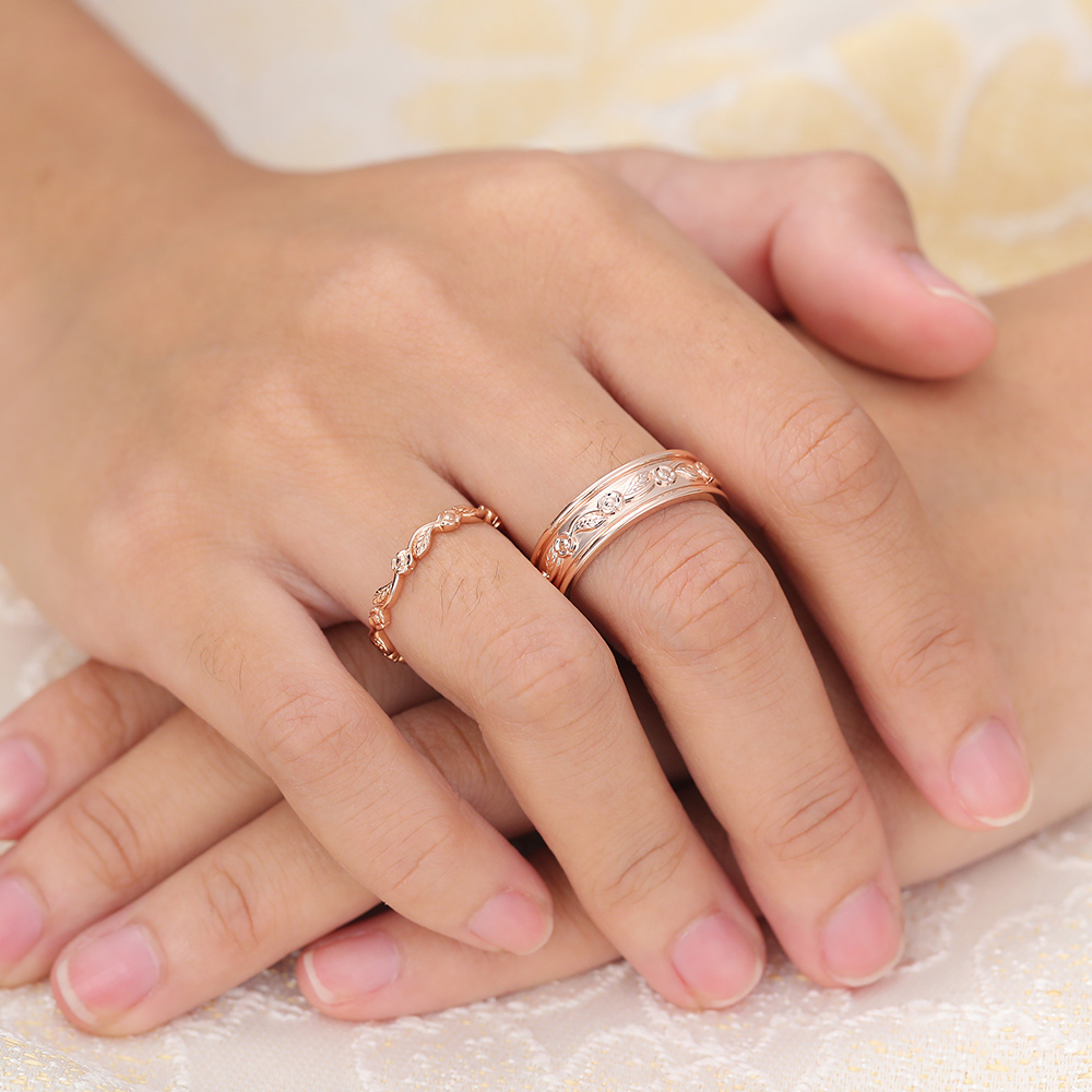 Juyoyo Hand Crafted Engrave Wedding Band Double 14K Rose Gold Stacking Ring - 2pcs