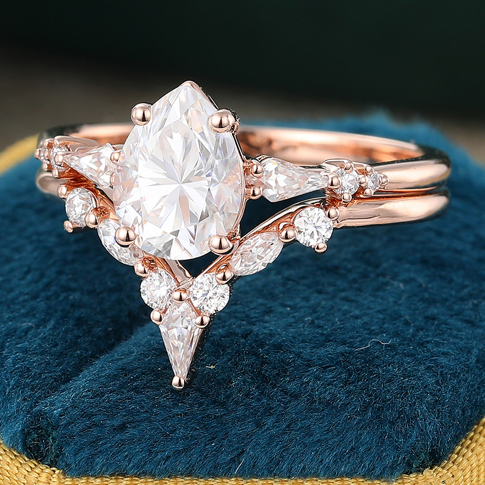 Juyoyo Pear Shaped Moissanite Bridal Ring Set Vintage Diamond Wedding Ring Set for Women - 2pcs
