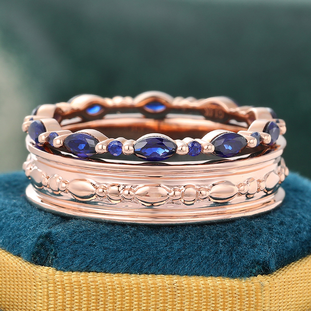 Juyoyo Marquise Sapphire Bridal Ring Set Eternity Wedding Band Wide Double Bands Rose Gold
