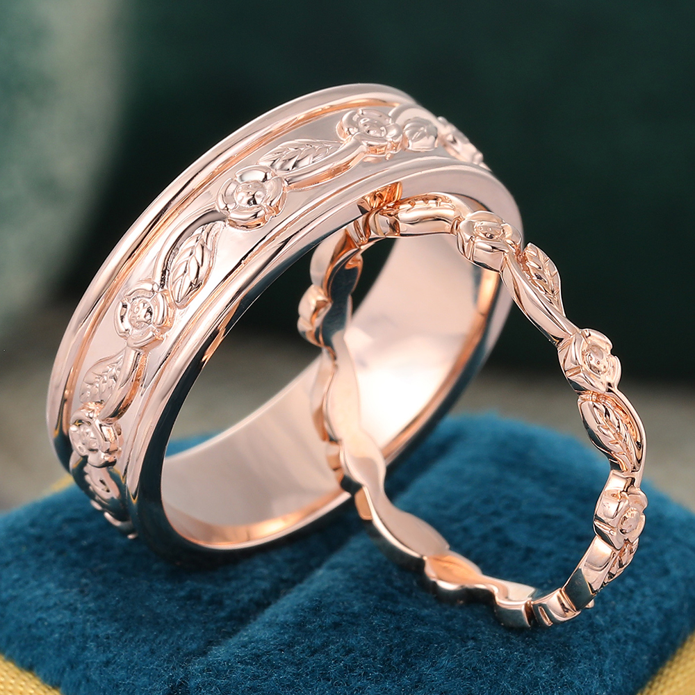 Juyoyo Hand Crafted Engrave Wedding Band Double 14K Rose Gold Stacking Ring - 2pcs