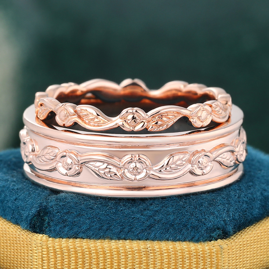 Hand Crafted Engrave Wedding Band Double 14K Rose Gold Stacking Ring Couple Rings - 2pcs