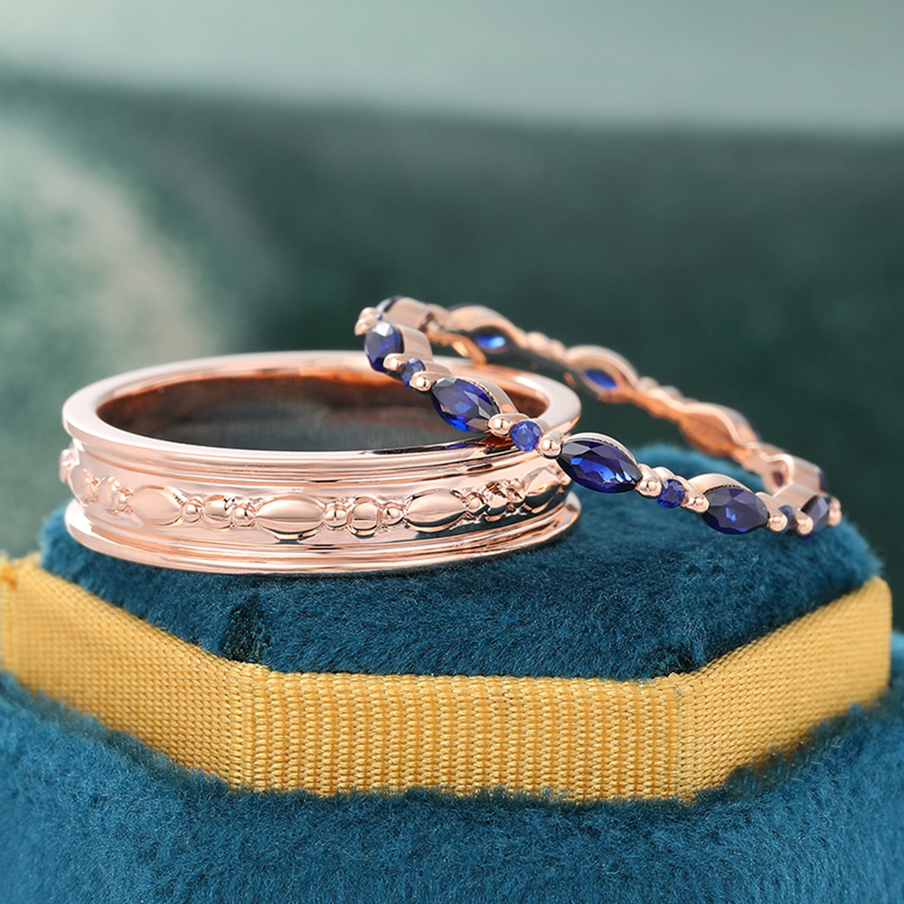 Juyoyo Marquise Sapphire Bridal Ring Set Eternity Wedding Band Wide Double Bands Rose Gold
