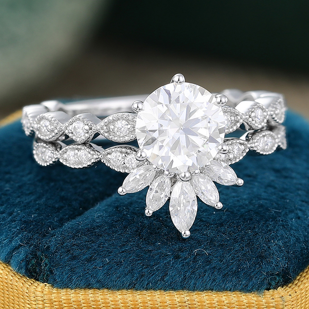 Juyoyo 1ct Moissanite White gold Milgrain Engagement Ring Set