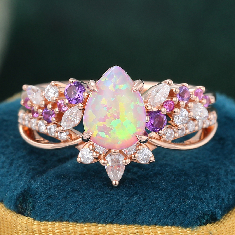 Pear Shaped Pink Opal Bridal Ring Set Vintage Rose Gold Anniversary Promise Ring Set Women