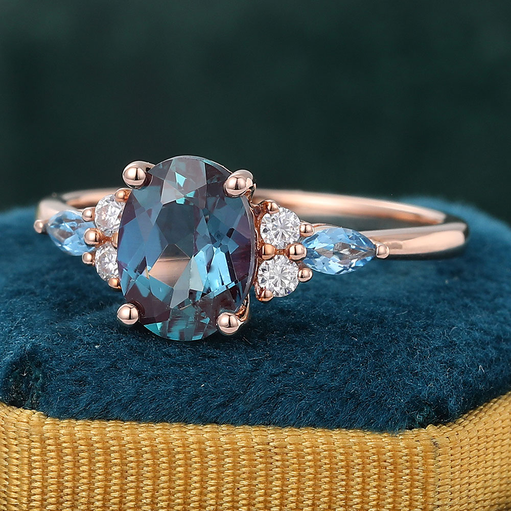 Juyoyo Oval Cut Alexandrite Engagement Ring Vintage Cluster Wedding Ring for Women 14K Rose Gold