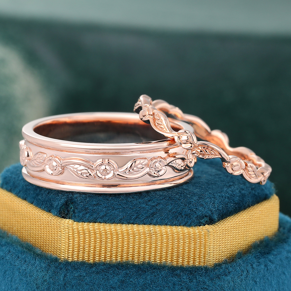 Juyoyo Hand Crafted Engrave Wedding Band Double 14K Rose Gold Stacking Ring - 2pcs