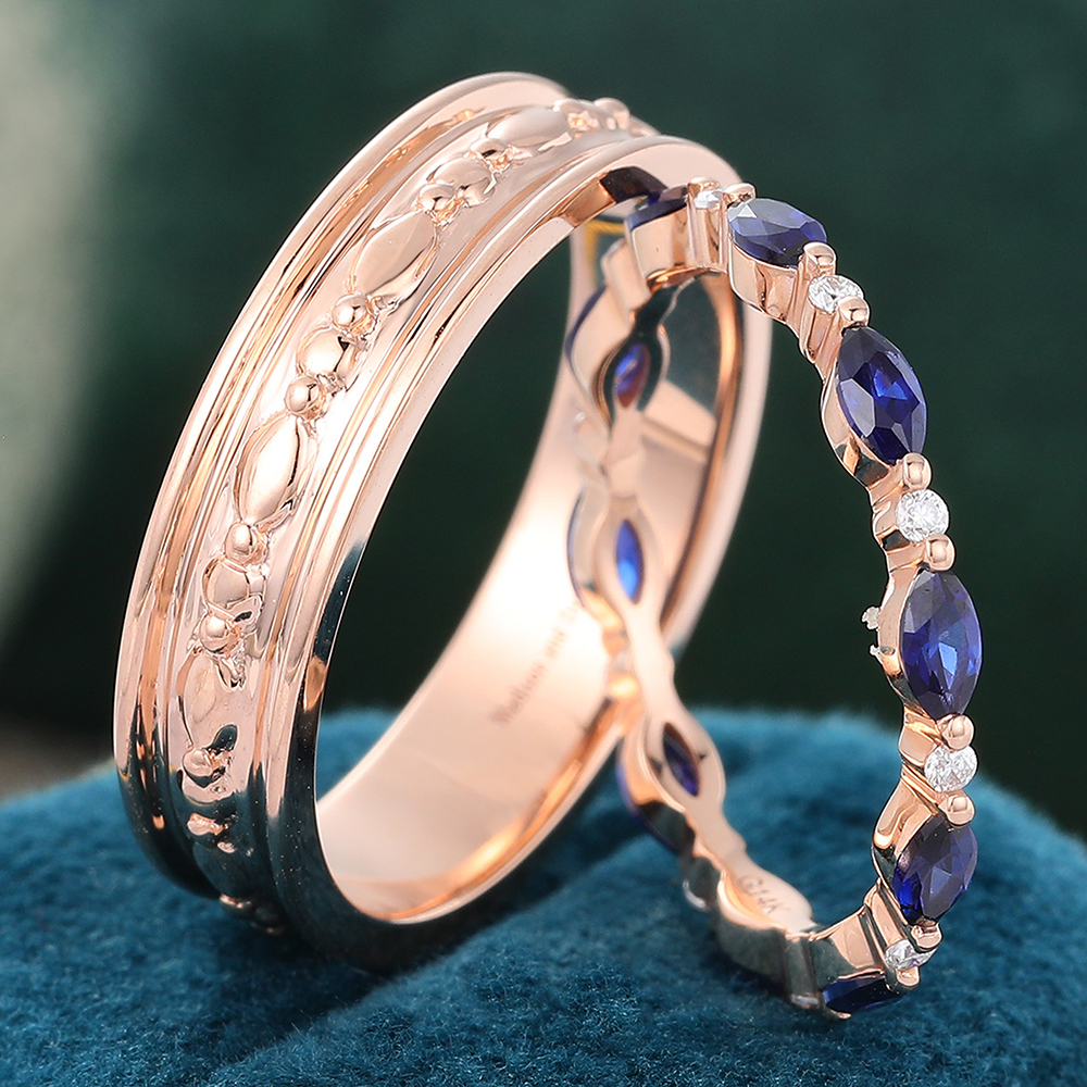 Juyoyo Marquise Cut Sapphire Couple Rings For Men & Women Rose Gold Double Band Bridal Set - 2pcs