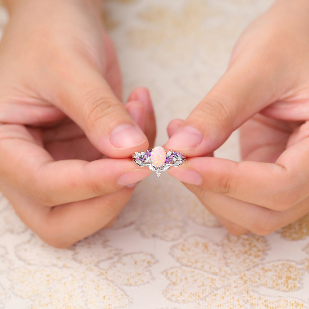 Juyoyo Oval Pink Opal Promise Ring Set Moissanite Leaf Stacking Band Women White Gold Wedding Rings