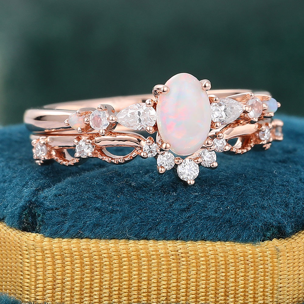 Juyoyo Vintage Opal and Diamond Bridal Ring Set - 2pcs