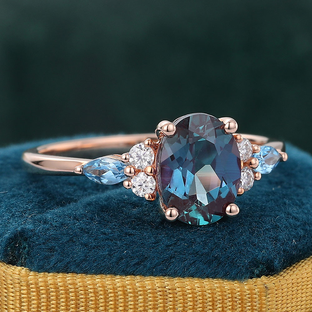 Juyoyo Oval Cut Alexandrite Engagement Ring Vintage Cluster Wedding Ring for Women 14K Rose Gold