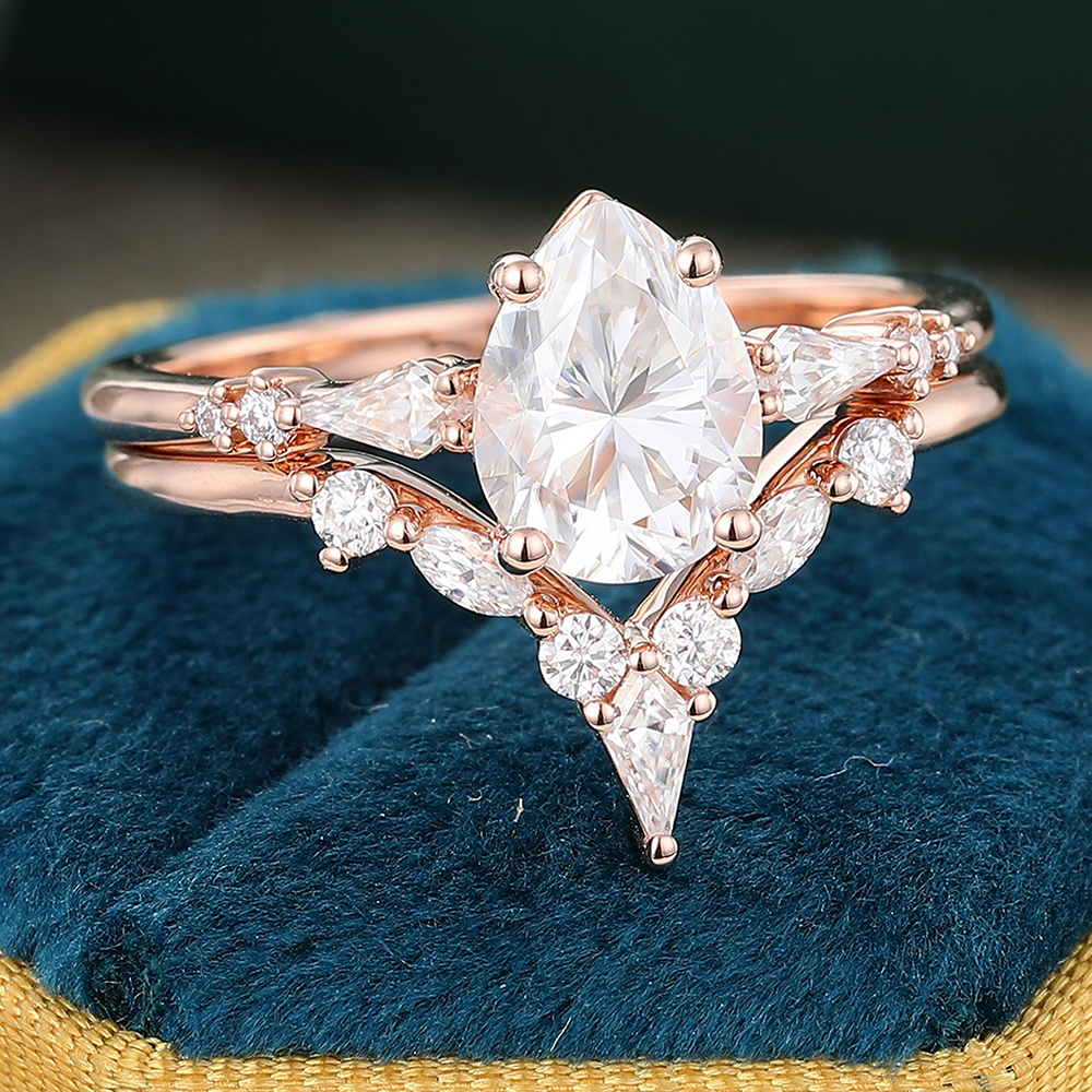 Vintage Alexandrite engagement ring set women 14k rose gold Unique Pear shaped engagement ring store diamond wedding ring Bridal anniversary ring