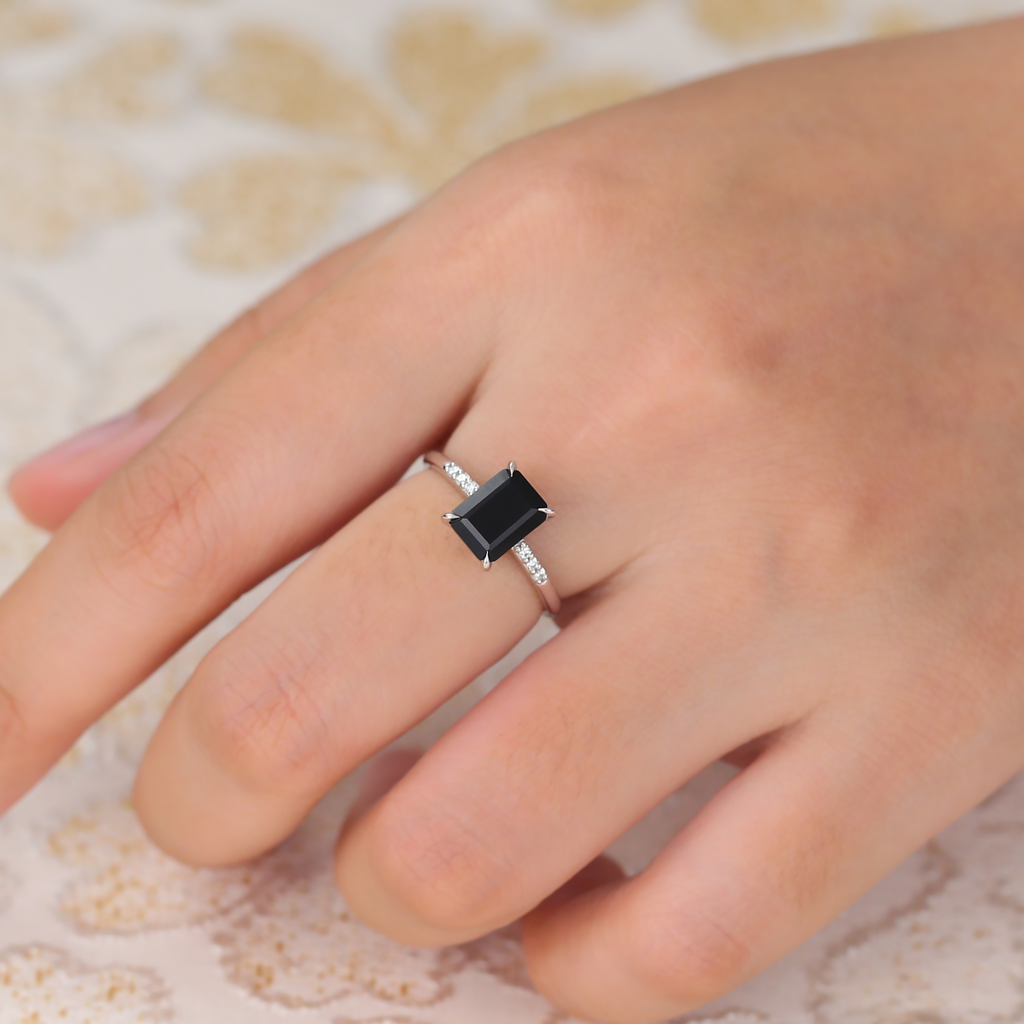 Emerald Cut Black Onyx Engagement Ring Minimalist Pav�� Diamond Ring in White Gold