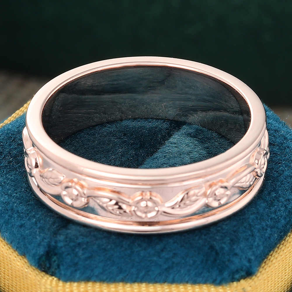 Juyoyo Engraved 14K Gold Band Wide Thick Wedding Band Engraving Floral Leaf Stacking Ring