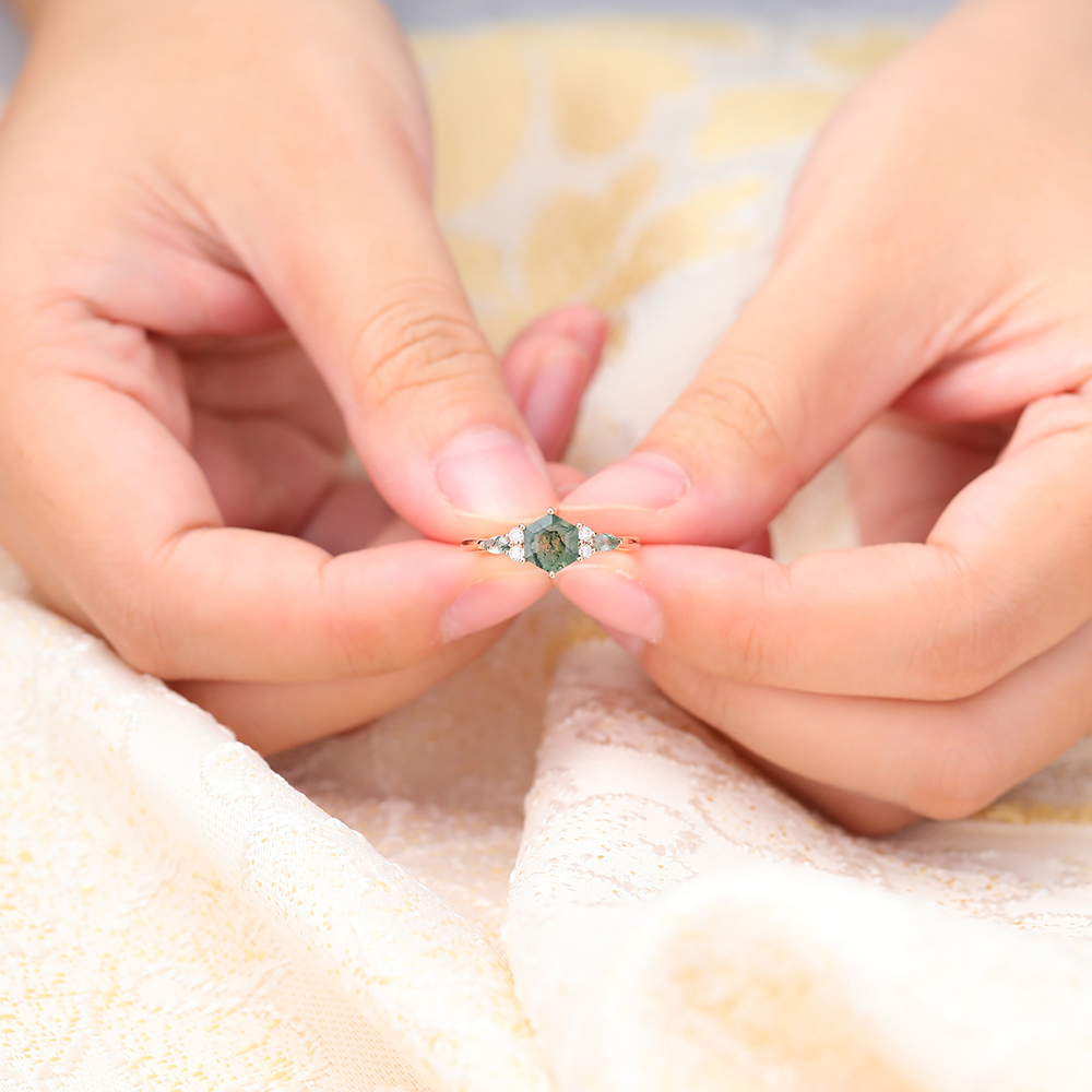 14K Rose Gold Hexagon Cut Moss Agate Ring Unique Engagement Ring - 2