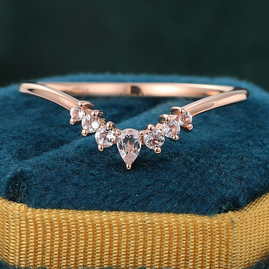 Pear Shaped Morganite Curved Wedding Band Rose Gold Stacking Ring for Women