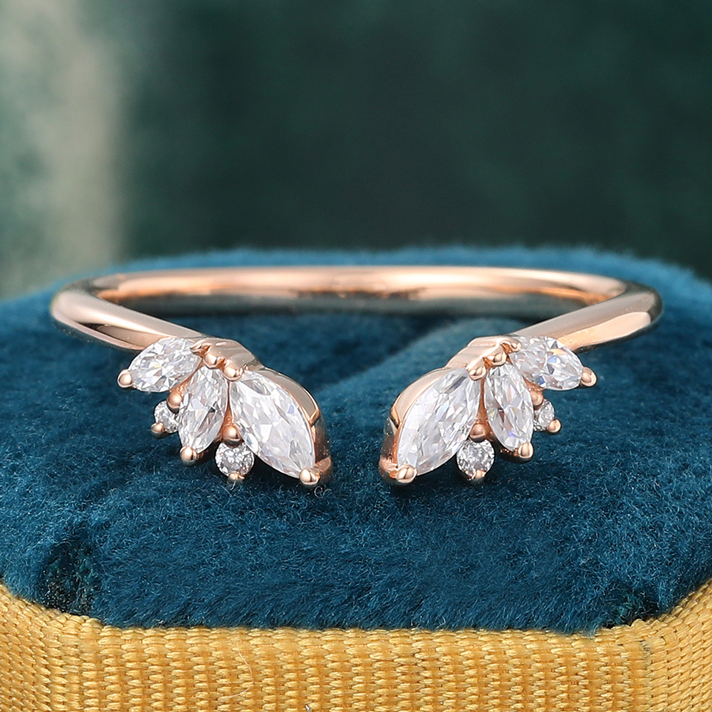Juyoyo Rose Gold Moissanite Diamond Accented Curved Wedding Band Open Shank Stacking Ring