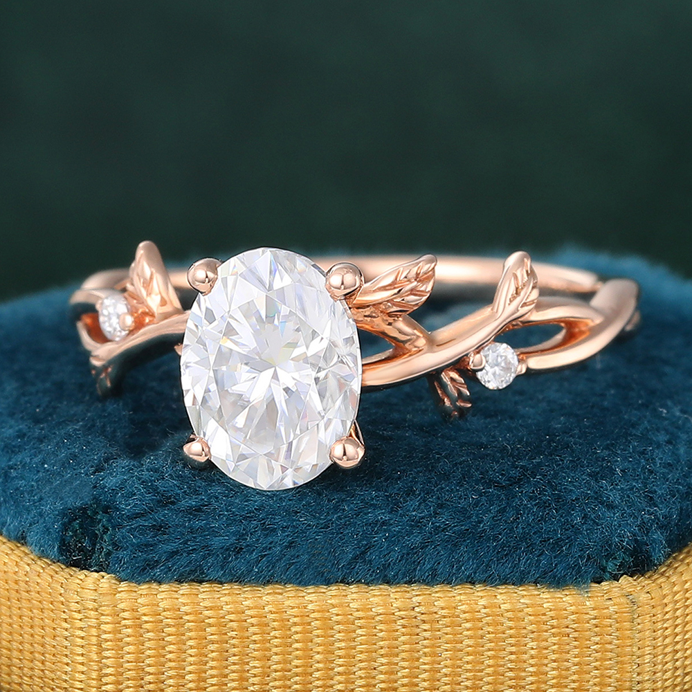 Juyoyo Oval Cut Three Stone Moissanite Engagement Ring Vine Nature Inspired Ring 14K Rose Gold