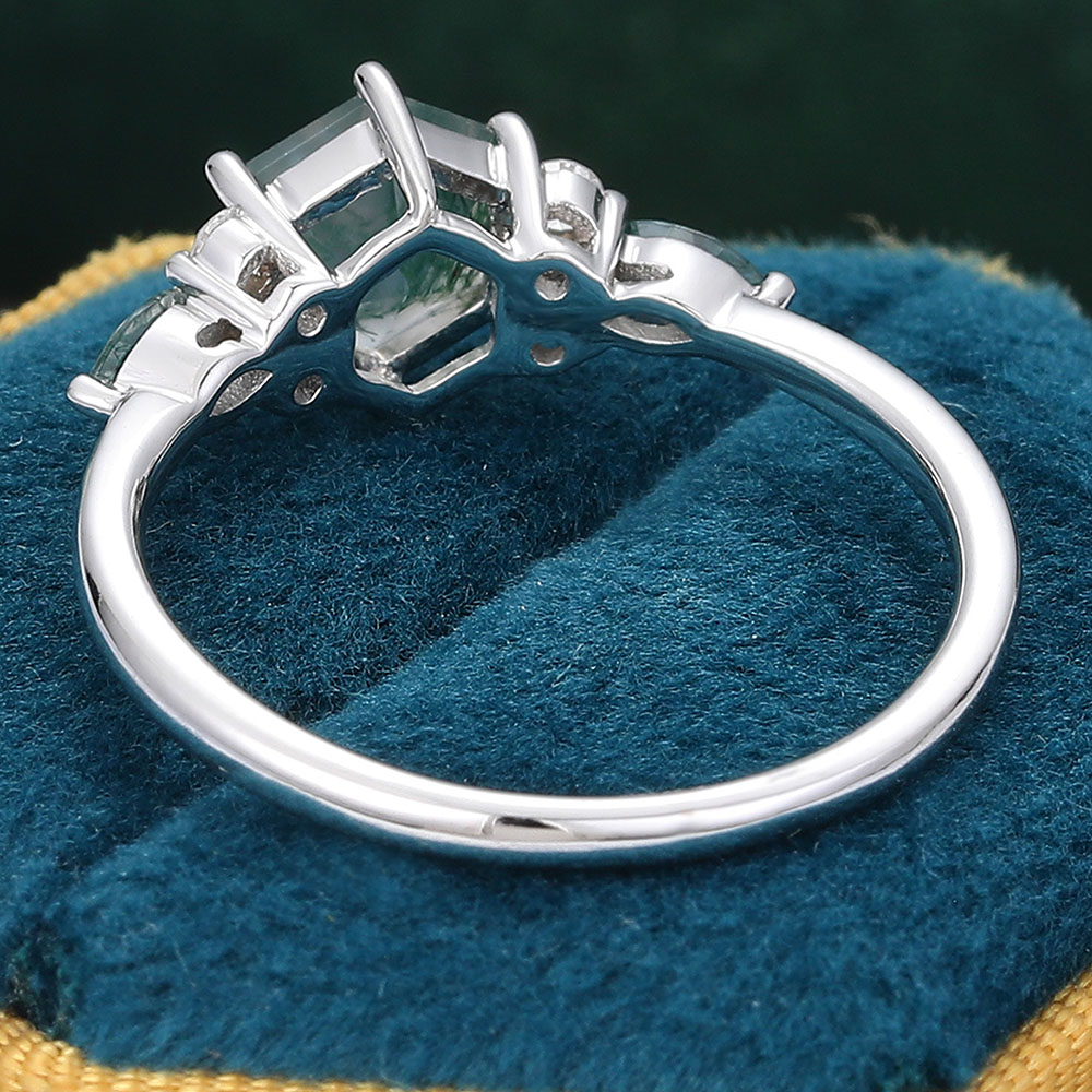 Hexagon Cut Moss Agate Engagement Rings with Diamond Accents Promise Ring in White Gold