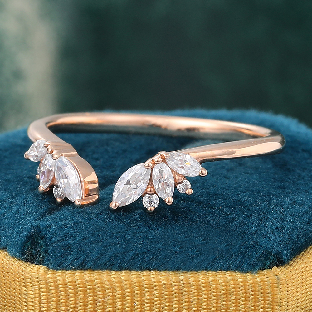 Juyoyo Rose Gold Moissanite Diamond Accented Curved Wedding Band Open Shank Stacking Ring