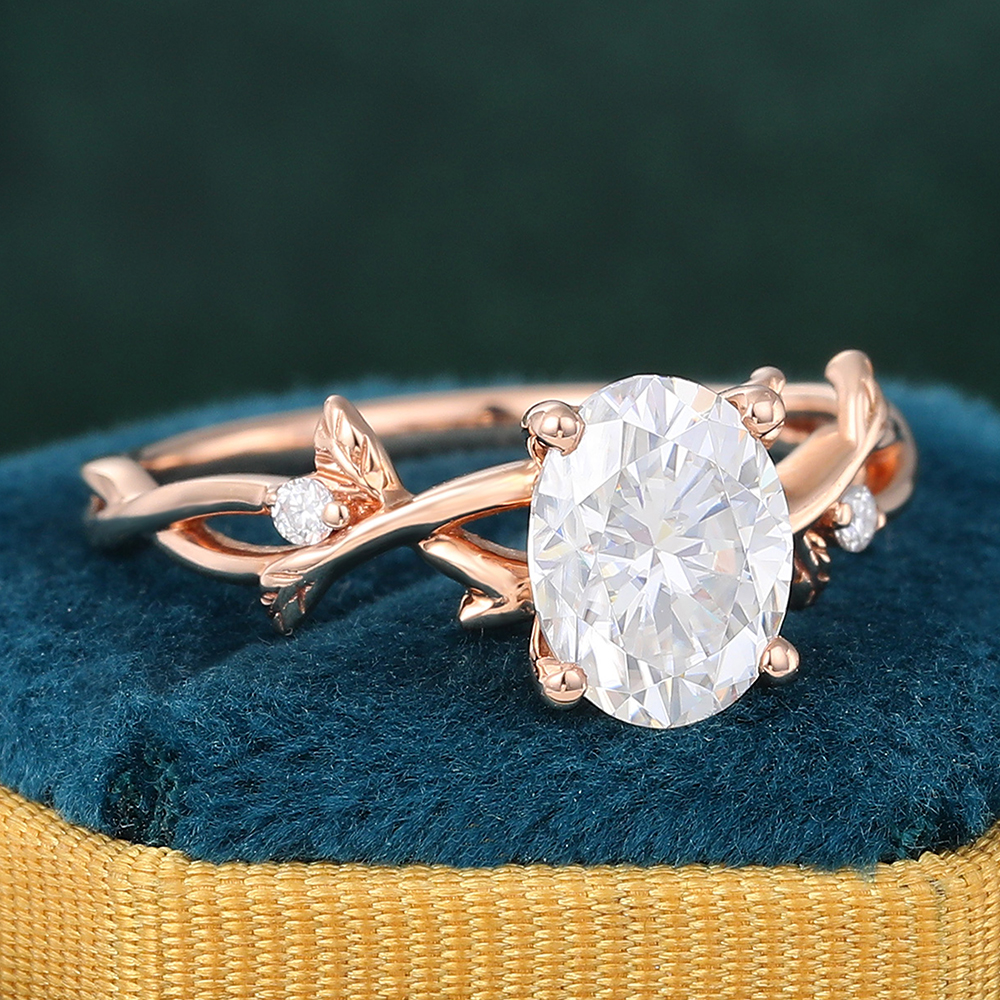 Juyoyo Oval Cut Three Stone Moissanite Engagement Ring Vine Nature Inspired Ring 14K Rose Gold