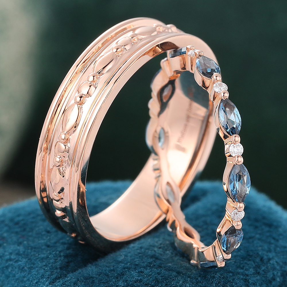Engraved Wide Plain Band & London Blue Topaz and Diamond Alternating Eternity Band-2pcs