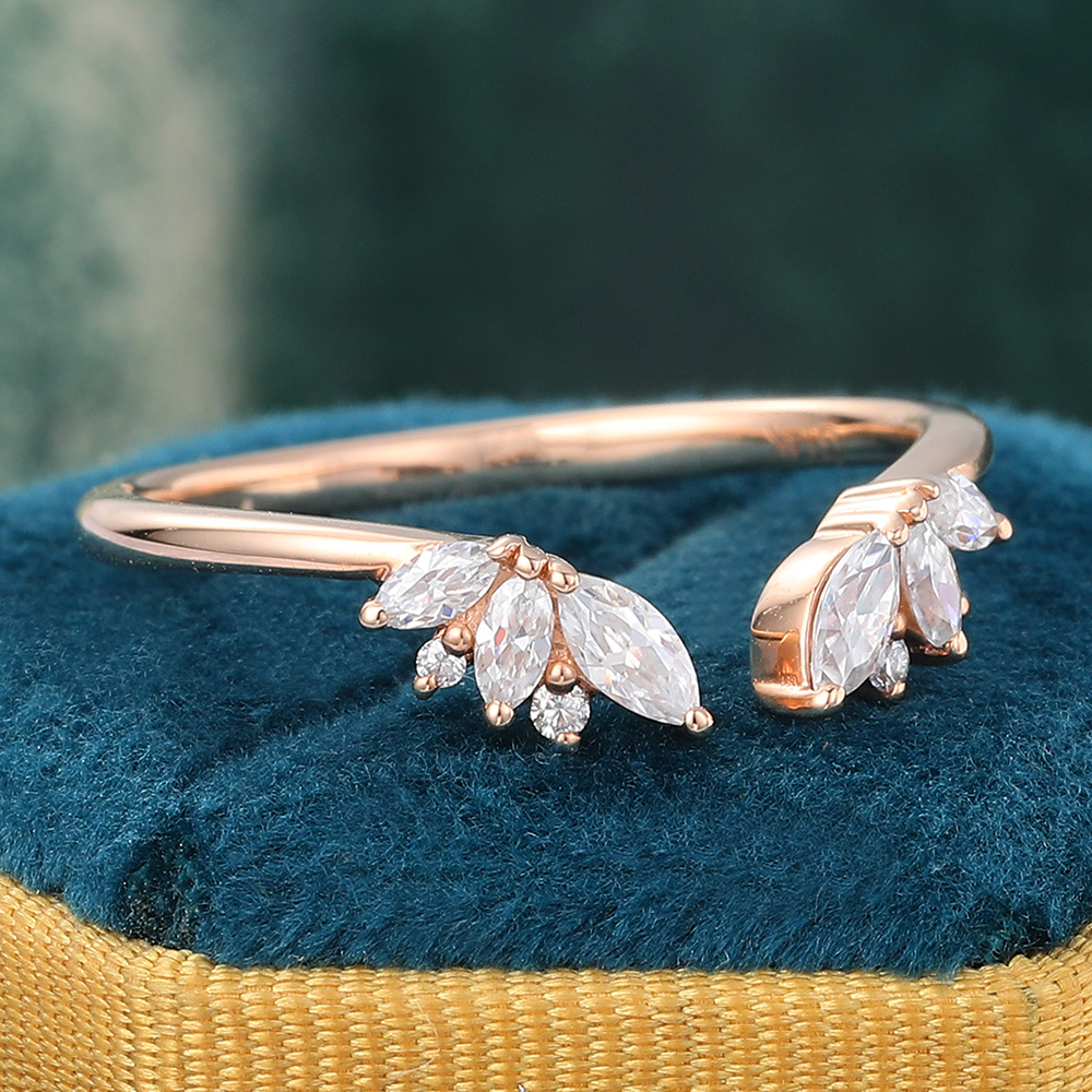 Juyoyo Rose Gold Moissanite Diamond Accented Curved Wedding Band Open Shank Stacking Ring