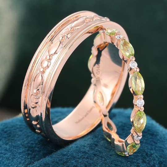 14K Rose Gold Wide Wedding Band & Peridot and Diamond Alternating Eternity Band - 2pcs