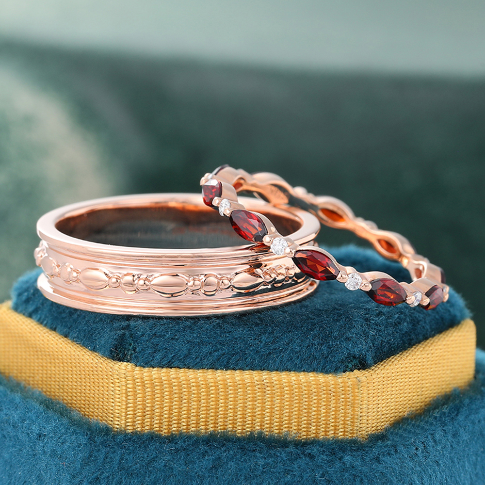 Juyoyo Marquise Cut Garnet Eternity Wedding Band Set Couple Rings Set for Men and Women - 2pcs