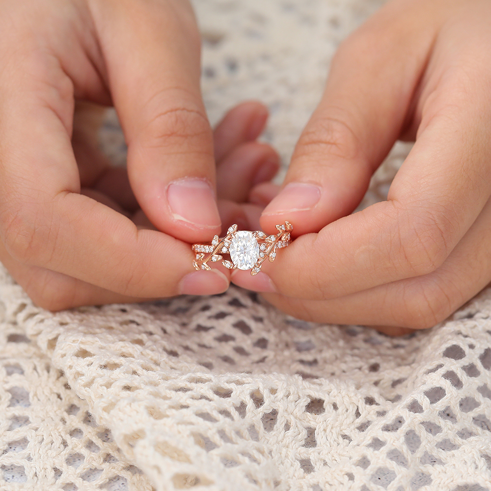 Juyoyo Unique Oval Cut Moissanite Anniversary Ring Nature Inspired Engagement Ring 14K Rose Gold