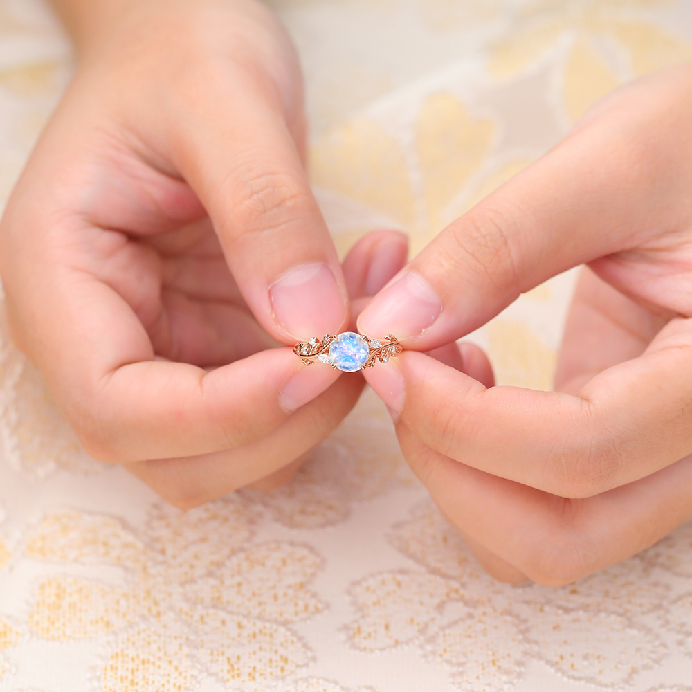 Juyoyo Nature-Inspired Round Moonstone Vine Engagement Ring with Moissanite Accents