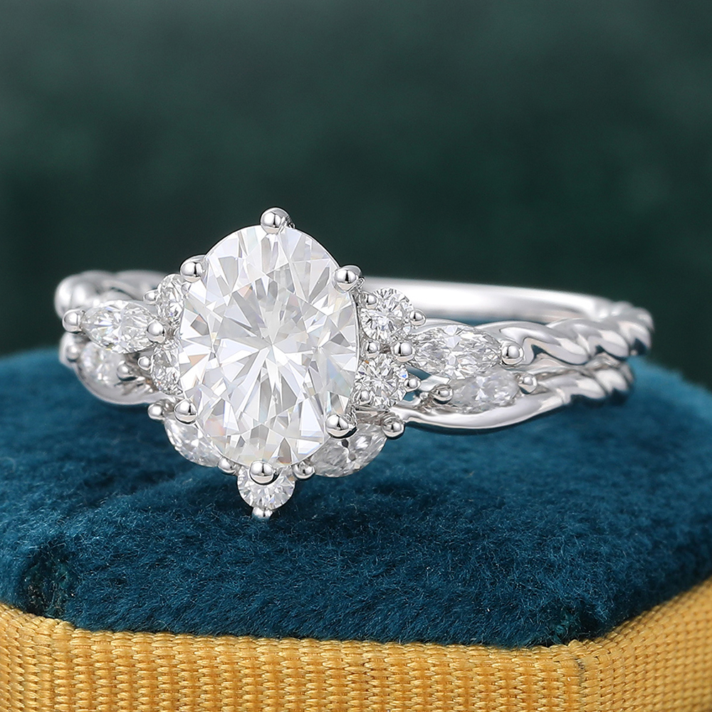 Juyoyo White Gold Oval Moissanite Wedding Ring Set Vintage Cluster Bridal Ring Set