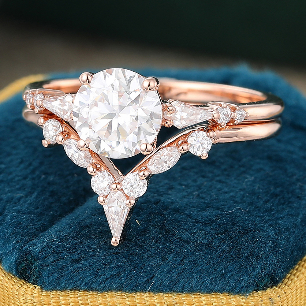 Juyoyo Rose Gold Moissanite Wedding Ring Set Vintage Bridal Ring Set Anniversary Promise Ring - 2pcs