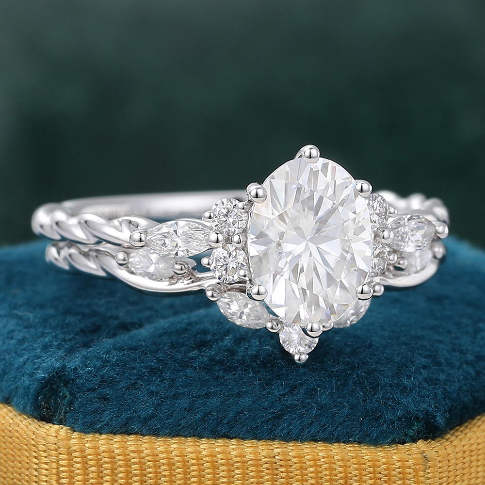 Juyoyo White Gold Oval Moissanite Wedding Ring Set Vintage Cluster Bridal Ring Set