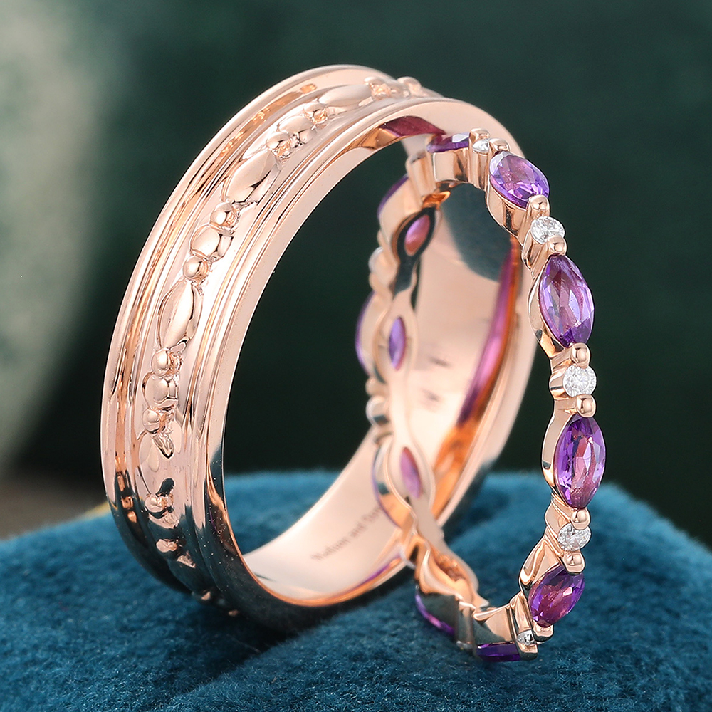 Juyoyo Marquise Amethyst & Round Moissanite Bridal Ring Set Couple Rings for Men and Women - 2pcs