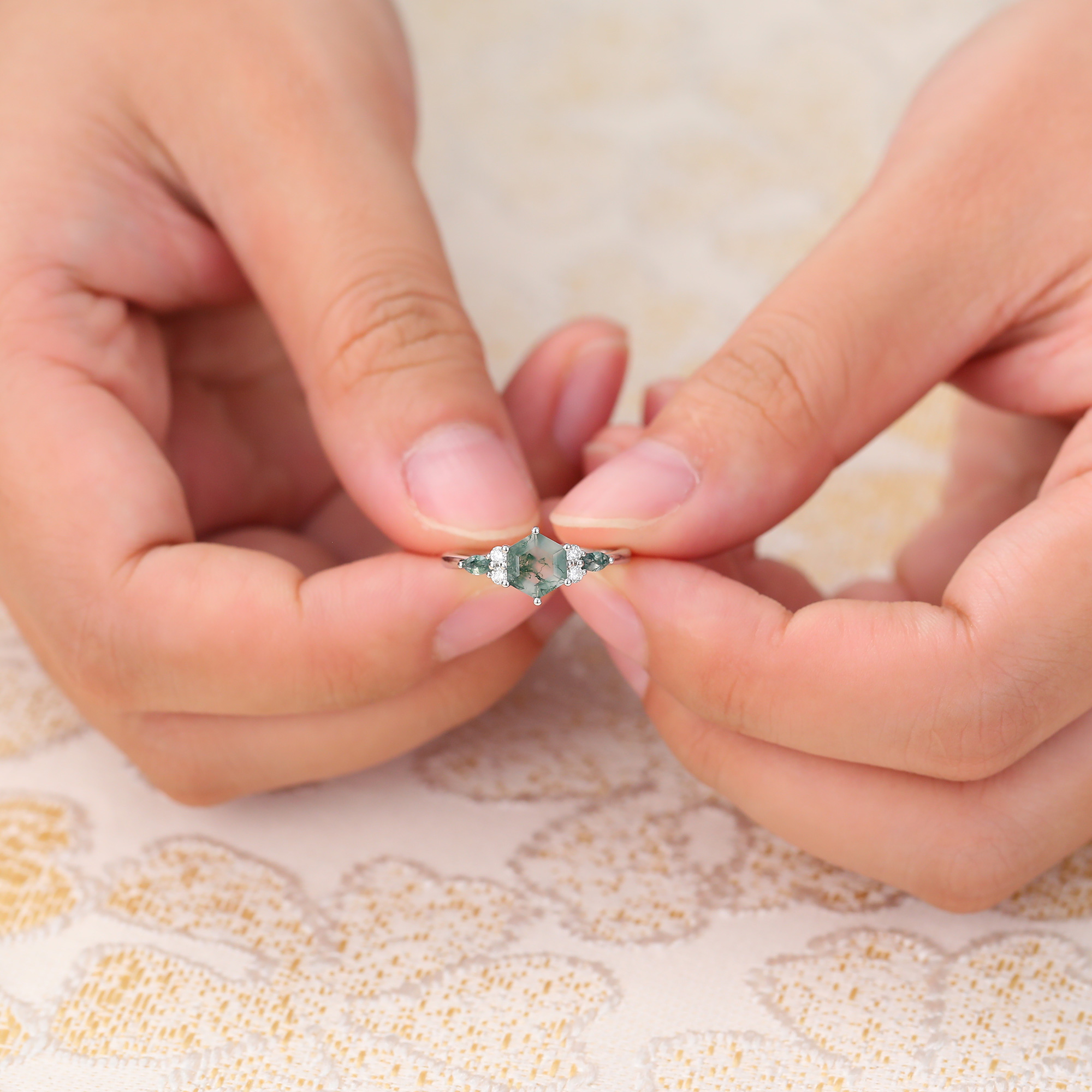 Hexagon Cut Moss Agate Engagement Rings with Diamond Accents Promise Ring in White Gold