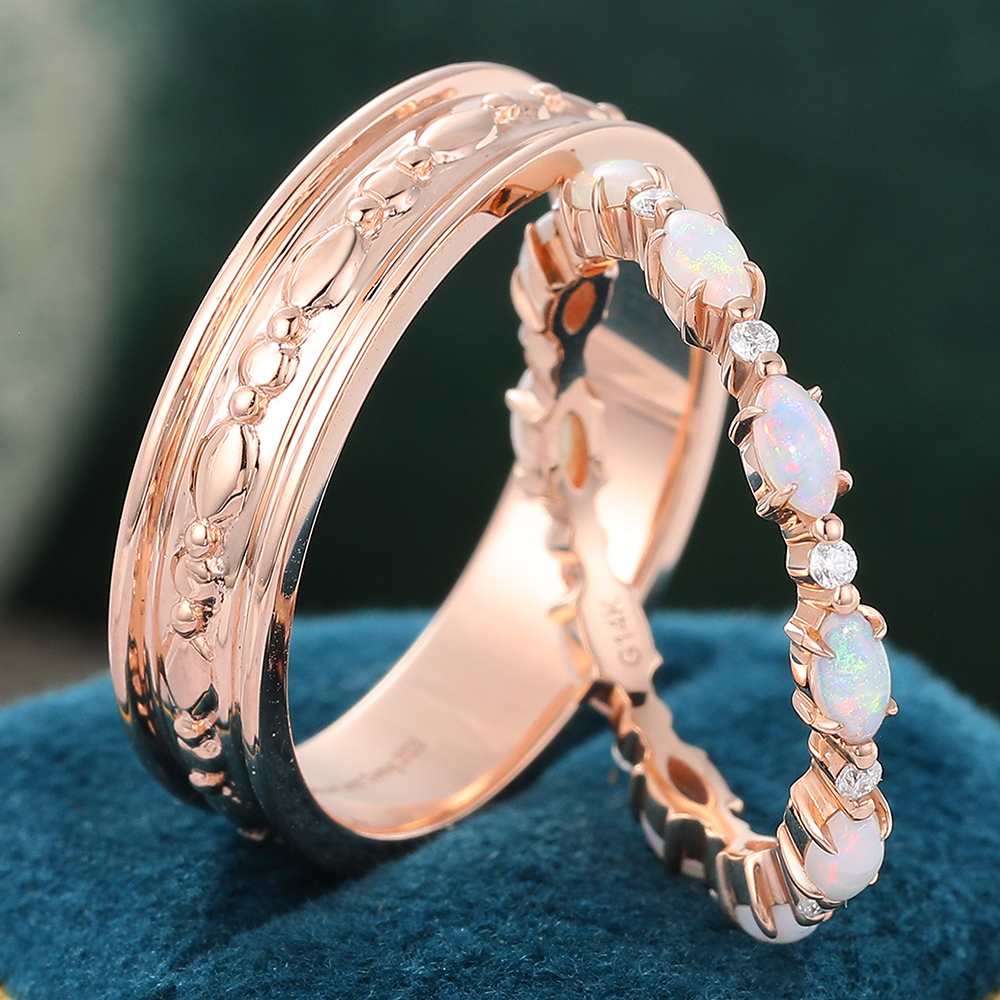 Juyoyo 14K Rose Gold Wide Wedding Band & Opal and Diamond Alternating Stacking Ring - 2pcs