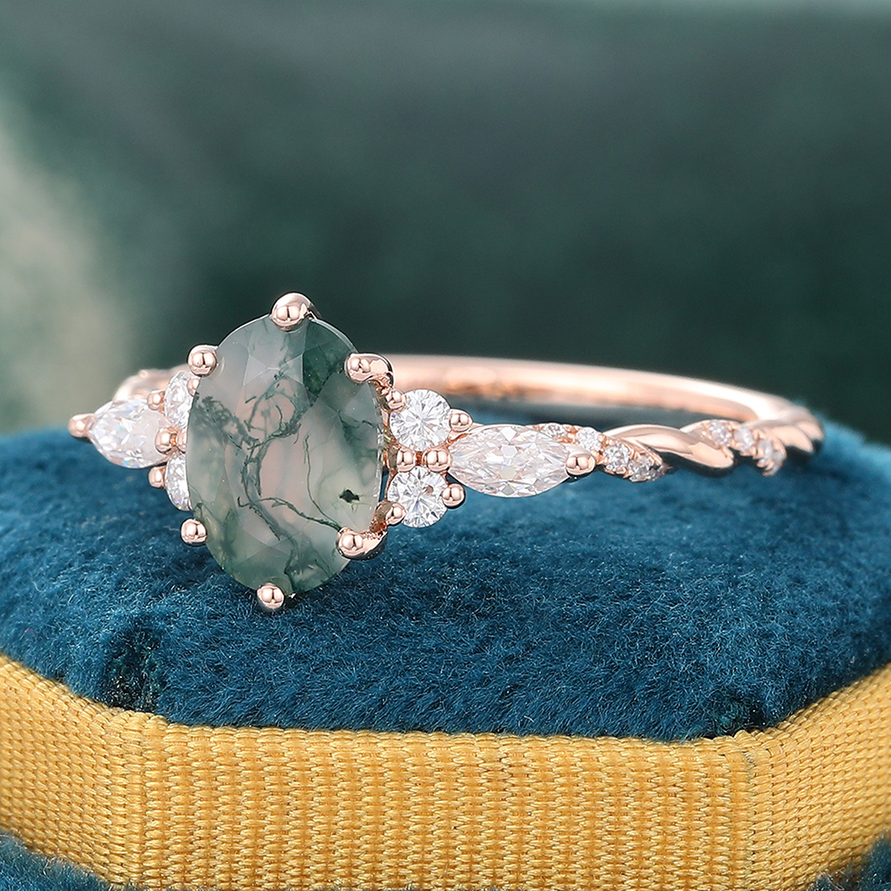 Juyoyo Oval Moss Agate Diamond Ring Twisted Rose Gold