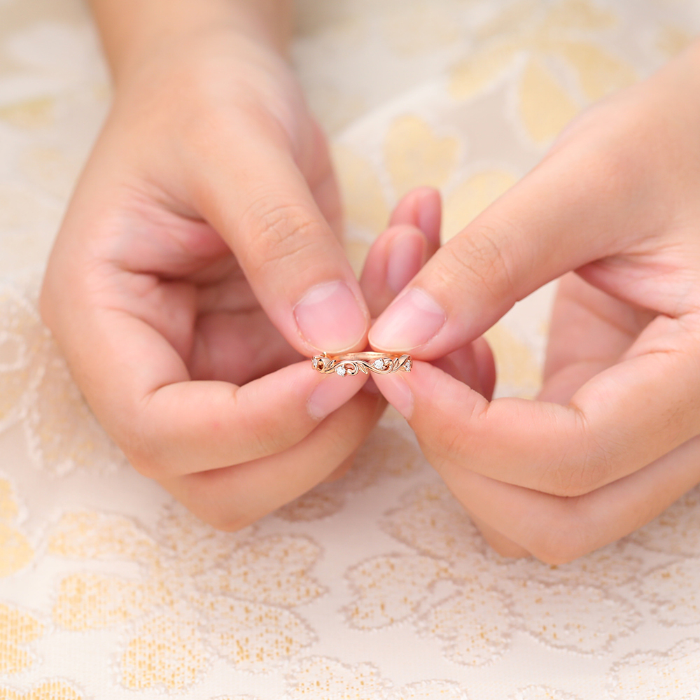 Juyoyo Round Cut Natural Diamond Rose Gold Leaf Shaped Unique Anniversary Wedding Band