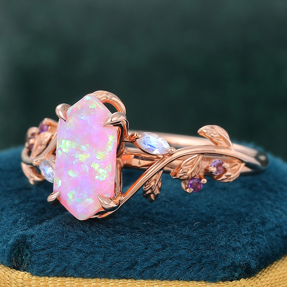 Juyoyo Elongated Hexagon Cut Pink Opal Engagement Ring Nature Inspired Bridal Ring Rose Gold