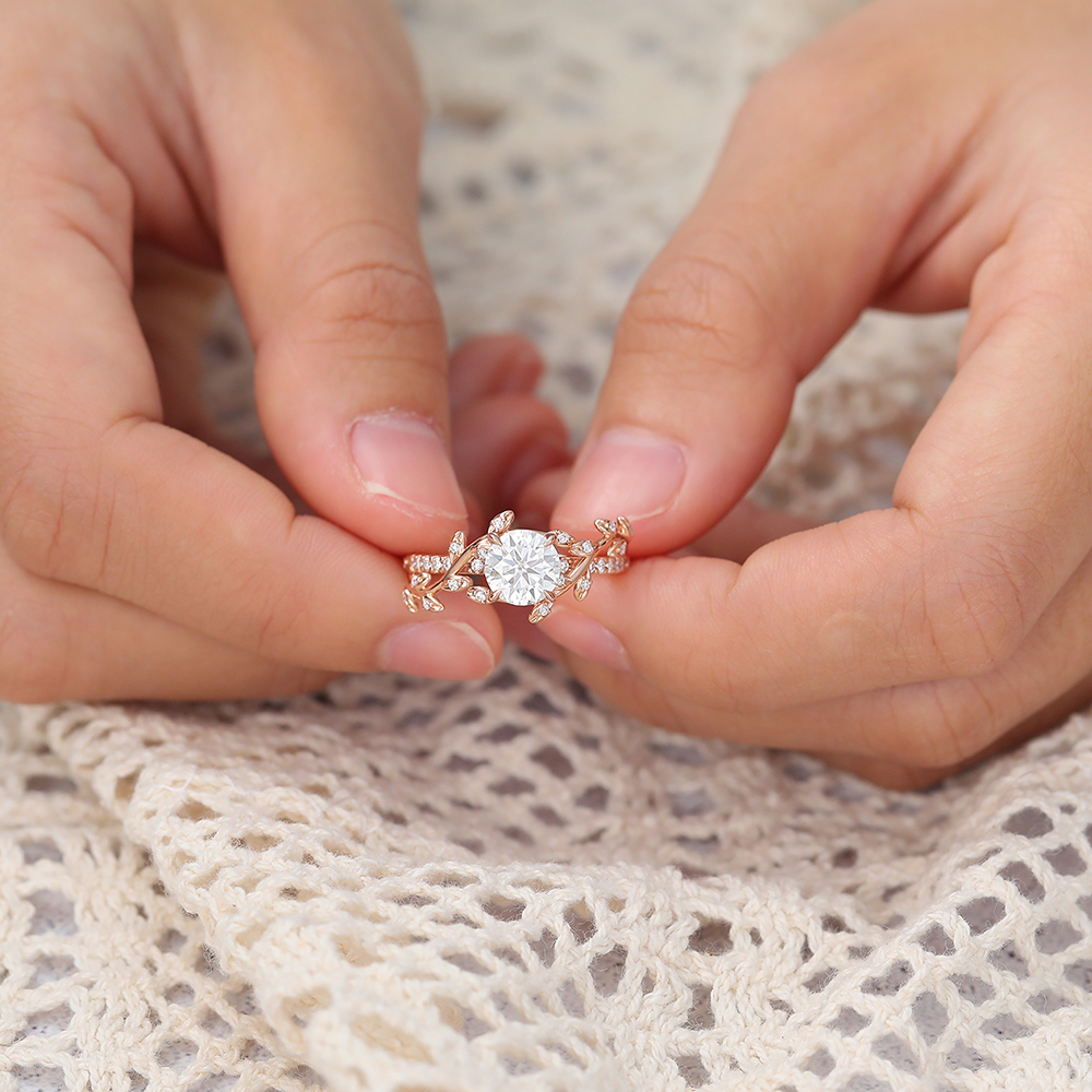 Juyoyo Round Cut Moissanite Nature Inspired Engagement Ring Leaf Garden Inspired Proposal Ring