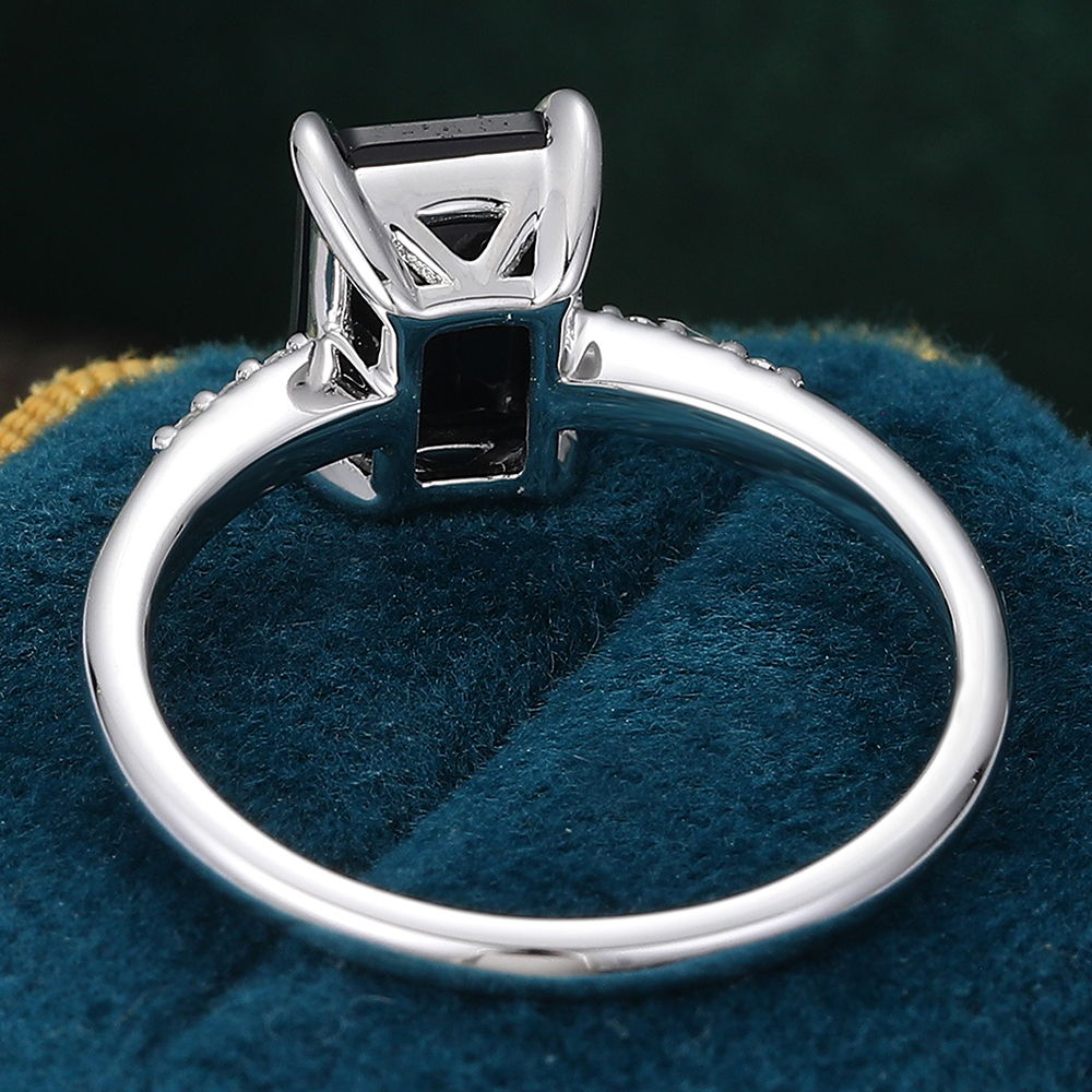 Emerald Cut Black Onyx Engagement Ring Minimalist Pav�� Diamond Ring in White Gold