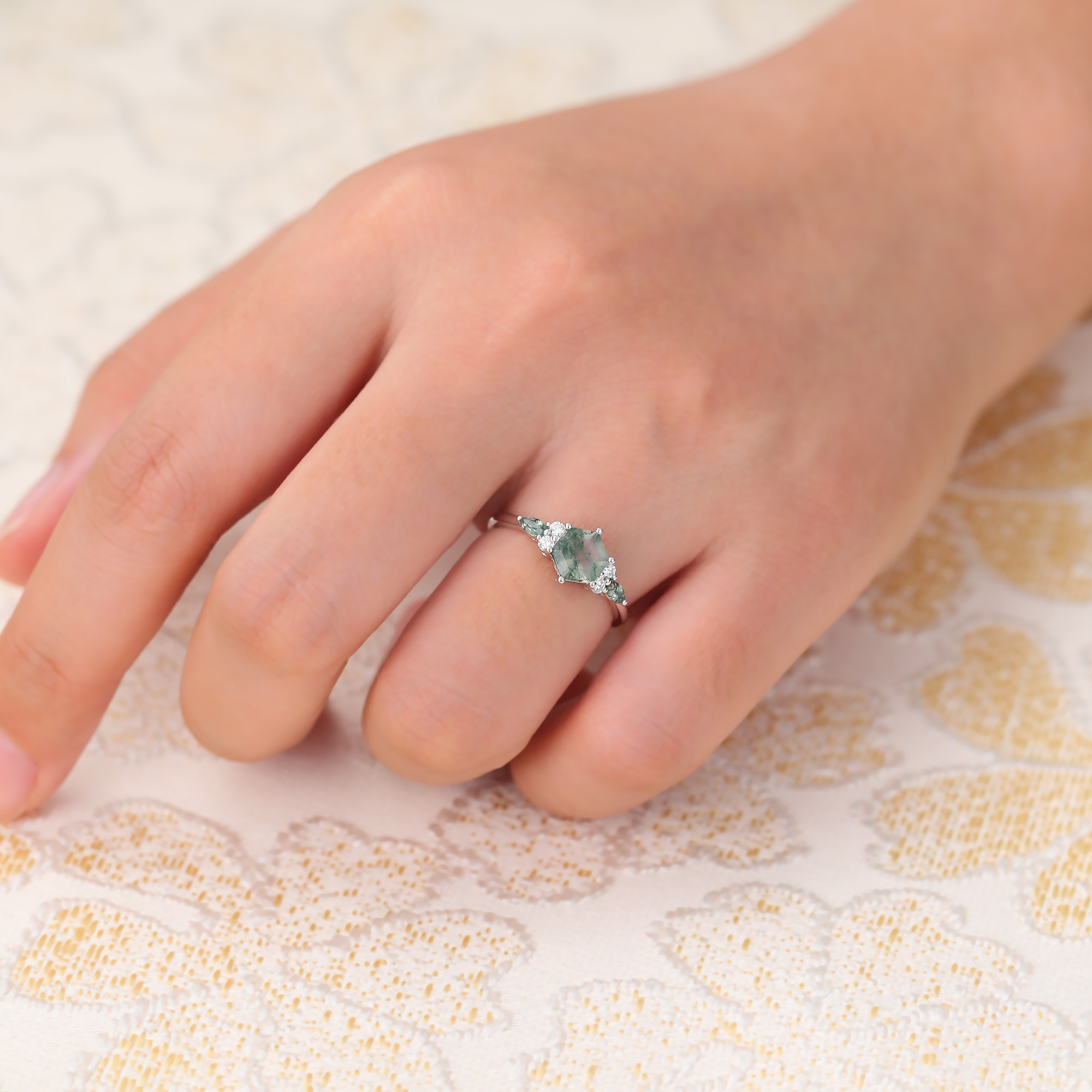 Hexagon Cut Moss Agate Engagement Rings with Diamond Accents Promise Ring in White Gold