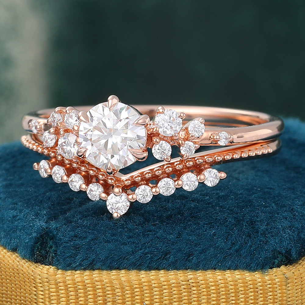 Juyoyo Rose Gold Moissanite Bridal Ring Set Art Deco Engagement Ring Set for Women - 2pcs